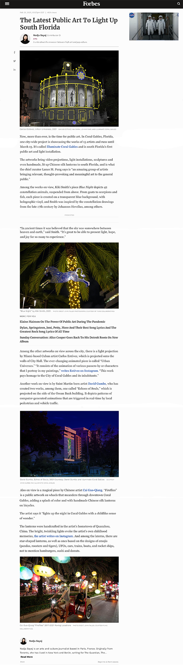 Forbes article screenshot featuring Illuminate Coral Gables public art exhibition